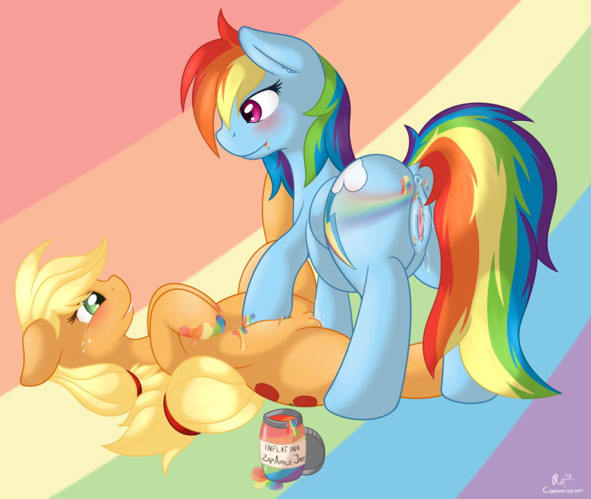 2013 anus applejack_(mlp) ass blonde_hair blue_fur blush cutie_mark duo equine female friendship_is_magic green_eyes hair horse jam multicolored_hair my_little_pony pegasus pony purple_eyes pussy rainbow_dash_(mlp) rainbow_hair ratofdrawn sex smooth_skin wings yuri