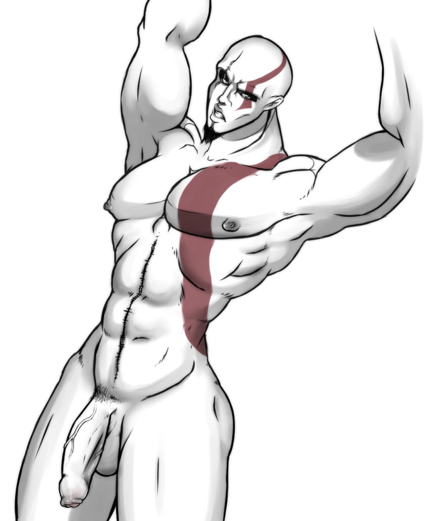 1boy arms_above_head bald color darthsaburou flaccid front_view god_of_war kratos looking_at_viewer male male_only monochrome muscles nipples nude penis scar solo spot_color standing tattoo testicles uncensored white_background