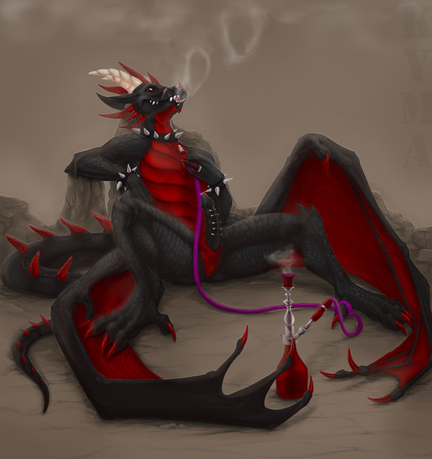 ass claws collar dragon furry horn kyma looking_at_viewer lying male male_only no_humans on_back open_mouth penis plain_background presenting presenting_hindquarters red_eyes scalie smoke smoke_ring smoking solo teeth water_pipe wings