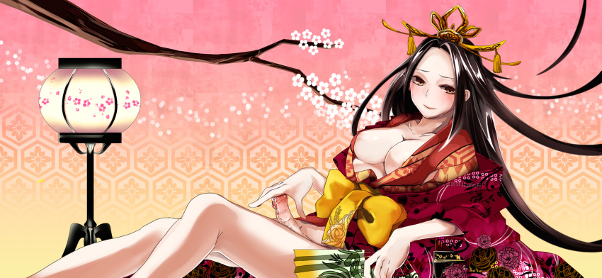 breasts brown_eyes crown cum fan futanari intersex japanese_clothes kimono large_breasts long_hair memai nipple_slip very_long_hair