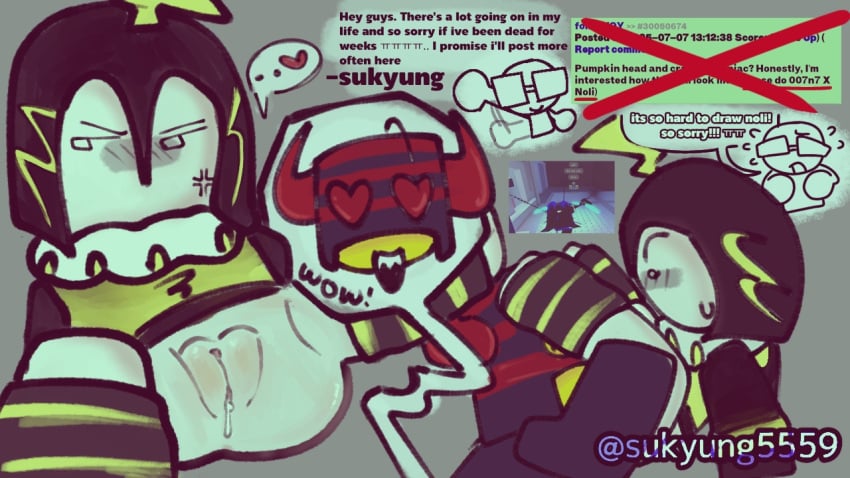 blocky_body blush cuntboy cuntboy/male english_text forsaken_(roblox) heart_eyes leg_spread leg_warmers looking_away meme_in_the_background mrdoombringer pussy pussy_juice_drip ringmaster_(forsaken) roblox roblox_game robloxian self_upload spoken_ellipsis spoken_heart sucking_pussy sukyung5559 tagme text watermark