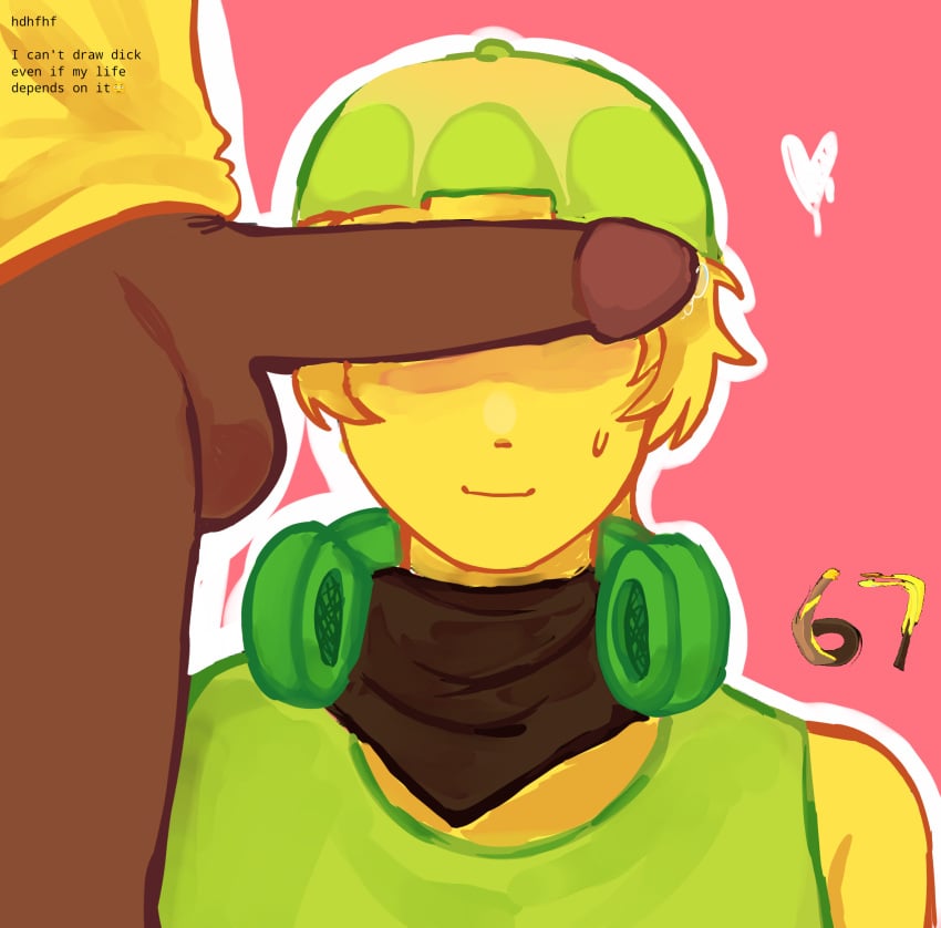 2boys artist_name balls bandana_on_neck black_skinned_male block_tales blushing bottomless cock_over_eyes english_text gay green_cap hdhfhf headphones_around_neck male_only megaphone_man_(block_tales) penis roblox roblox_game robloxian self_upload shotgun_bloke_(block_tales) tagme text yellow_skin