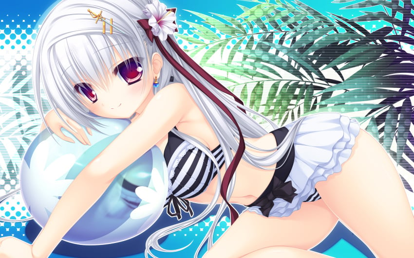 bikini blush duplicate flowers justy_x_nasty long_hair onose_mana red_eyes ribbons summer swimsuit white_hair