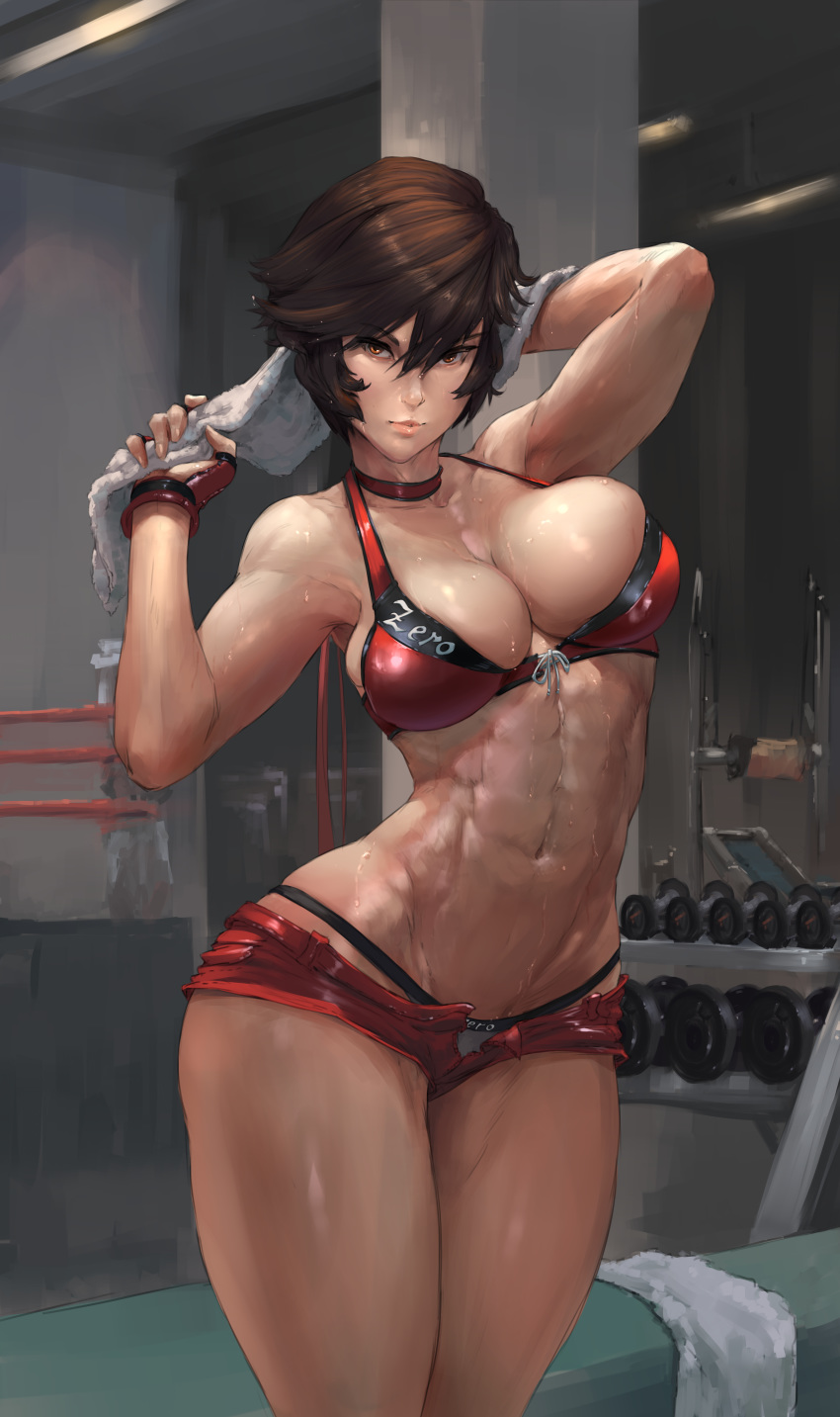 abs big_breasts breasts brown_hair bursting_breasts cleavage cutesexyrobutts female female_only huge_breasts large_breasts looking_at_viewer muscles muscular muscular_female reiko_hinomoto rumble_roses short_hair solo sweat thick_thighs tight_clothing