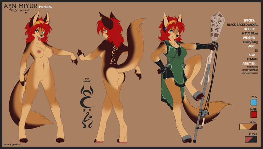 1girls 2013 anthro arabic_text ayn_(fluff-kevlar) breasts brown_background canine female female_only fluff-kevlar full-length_portrait full_length fur furry hair hammer jackal model_sheet nude piercing polearm portrait profile pussy red_hair solo standing tall tiara weapon