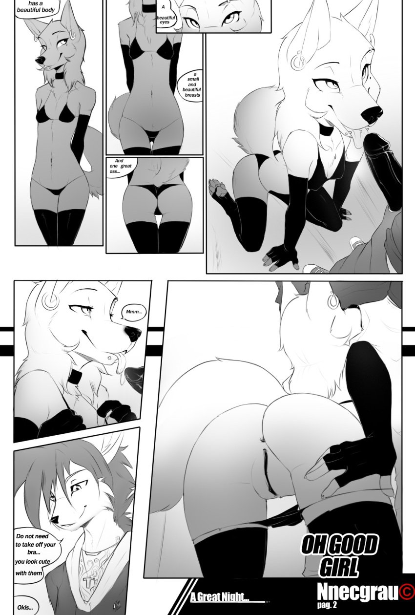 2013 anthro black breasts canid canine comic english_text feline female fox fur furry hair husky male mammal monochrome nnecgrau nytro_(fluff-kevlar) page_2 penis piercing pussy wolf zoe_(nnecgrau)