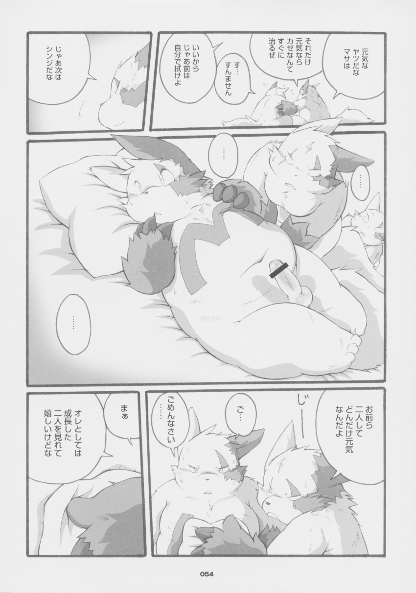 anthro boss_(chibineco) chibineco chubby comic erection fundoshi furry gay greyscale male masamune monochrome nintendo no_humans nude penis pokemon pokemon_(species) shinji underwear video_games zangoose