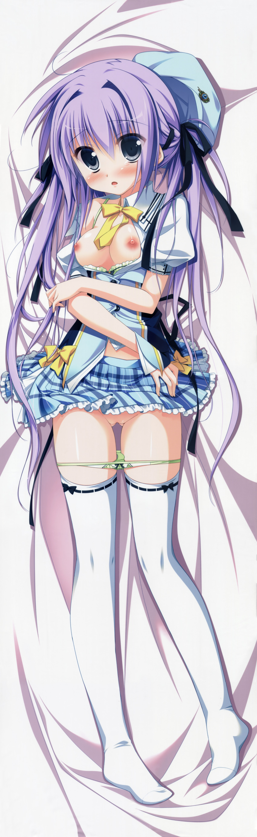 1/2_summer blue_eyes blush bra bra_pull breasts dakimakura female green_bra green_panties hat high_resolution huge_filesize kuonji_sora legs nipples no_pussy open_clothes open_shirt panties panty_pull purple_hair school_uniform sesena_yau skirt skirt_lift thighhighs underwear white_legwear