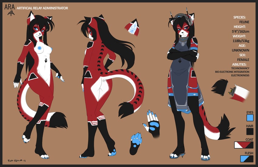 2013 android anthro ara_(fluff-kevlar) ass black_hair breasts brown_background character_sheet clothed cyborg feline female fluff-kevlar fur furry hair model_sheet nipples nude original_character outfit profile red_fur sci-fi solo uniform