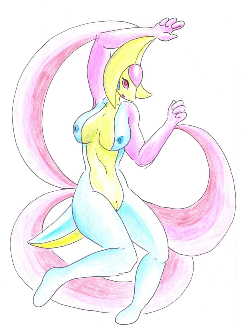 anthro anthrofied bird blue_nipples breasts cresselia female looking_at_viewer nintendo nipples nude open_mouth pink_eyes pinup pitch-black-crow plain_background pokemon pussy solo video_games white_background