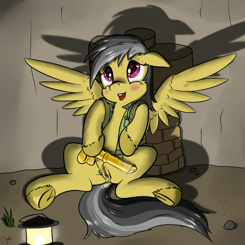 anus blush brown_fur clothed clothing daring_do_(mlp) dildo equine female feral friendship_is_magic grass grey_hair hair horse lamp my_little_pony open_mouth osakaoji pegasus pony purple_eyes pussy sex_toy solo wings