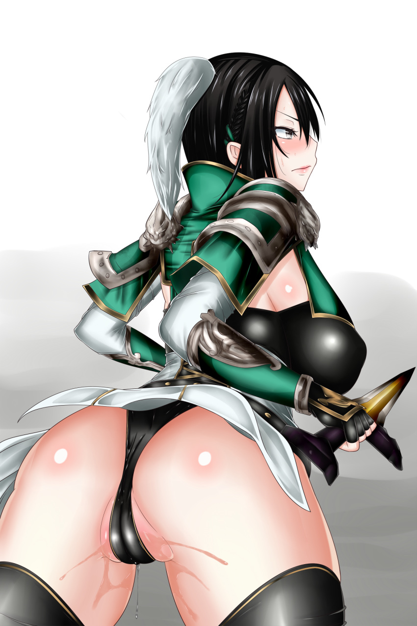 ass black_hair black_legwear black_panties blush breasts erect_nipples female huge_breasts kurotama legwear panties pussy_juice shin_sangoku_musou shiny_skin short_hair thick_thighs thighhighs tight_clothes underwear xing_cai