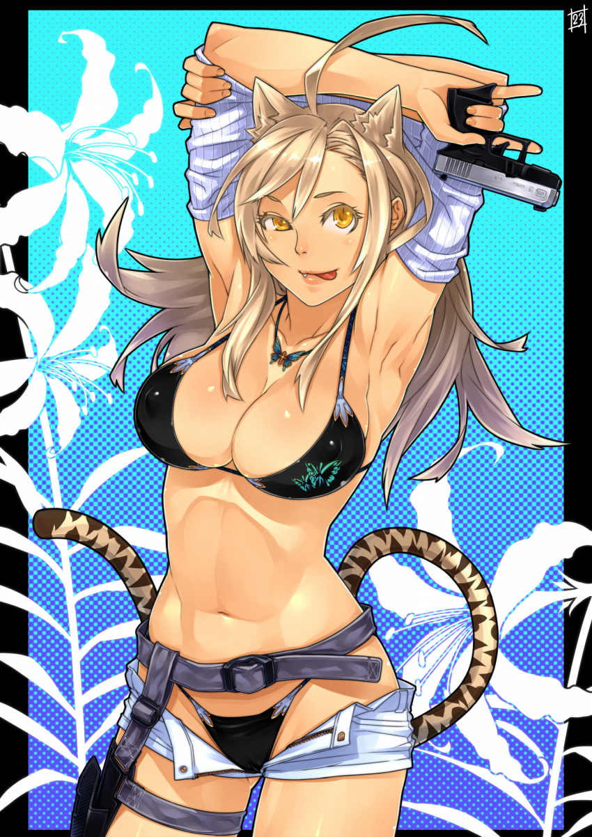 1girls abs ahoge animal_ears aqua_background armpits arms_behind_head arms_up artist_name belt bikini black_bikini blonde_hair blue_background breasts brown_hair buckle butterfly buttons cameltoe cat_ears cleavage clothes cowboy_shot cross cute_fang denim denim_shorts erect_nipples female female_only finished firearm floral_background floral_print flower glock gun hair hair_between_eyes halftone halftone_background handgun highleg highleg_bikini highleg_swimsuit highres holding holster jewelry kemonomimi_mode lanyard large_breasts light_brown_hair lily_(flower) lips long_hair looking_up midriff navel necklace open_clothes open_fly open_shorts original pistol sela_god semiautomatic shiny shiny_skin shirt_lift short_shorts shorts signature solo standing strap string_bikini swimsuit tail thigh_holster thigh_strap tiger_ears tiger_tail tongue tongue_out trigger_discipline unbuttoned undressing unzipped ursula_(sela_god) weapon windowboxed yellow_eyes zipper