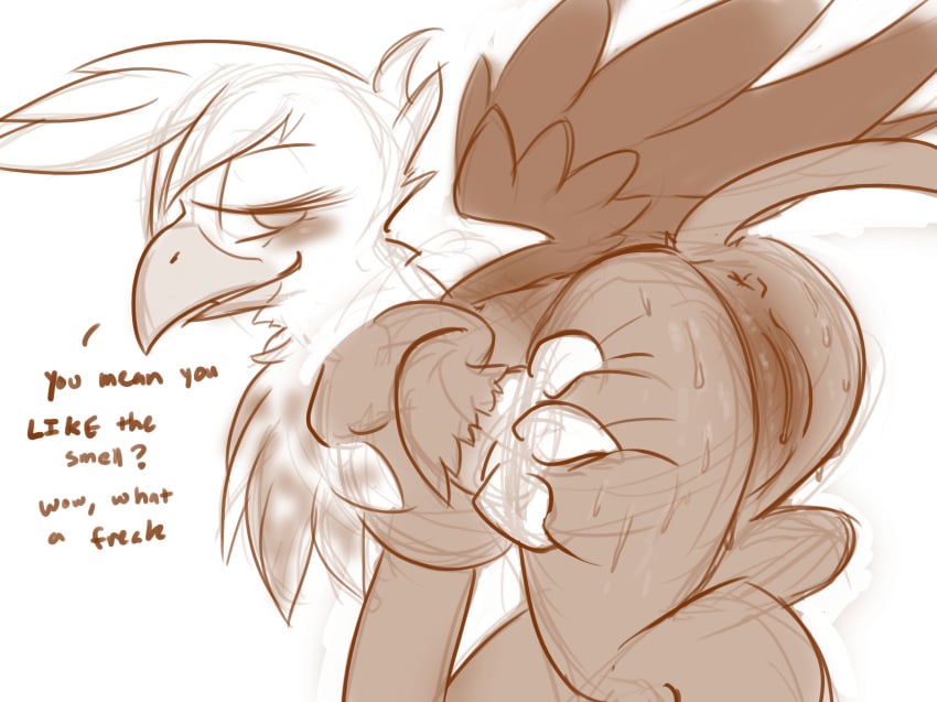 anus avian blush dovne english_text female feral friendship_is_magic gilda_(mlp) gryphon my_little_pony presenting pussy solo sweat text wings