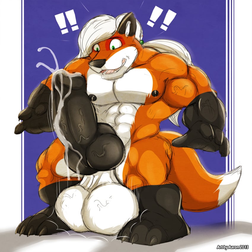 ! 1boy 2013 aaron_(artist) anthro balls canine canine_penis clawed erection fox hyper long_hair male male_only muscles nipples nude penis precum solo