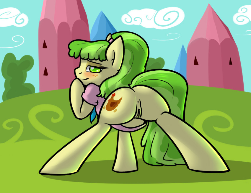 anus ass equine female friendship_is_magic green_eyes green_hair hair horse ms._peachbottom_(mlp) my_little_pony pony presenting presenting_hindquarters pussy slavedemorto solo spread_legs