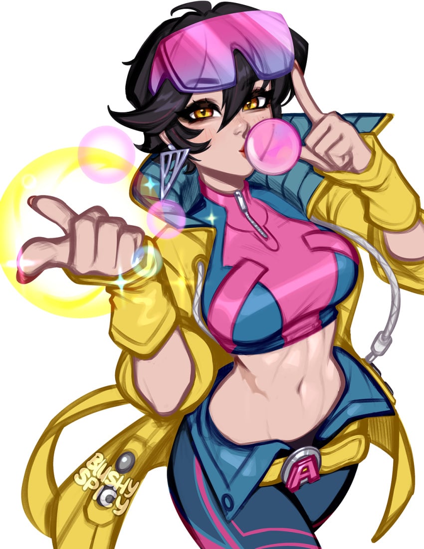 1girls 2026 2d asian asian_female black_hair blowing_bubblegum blushypixy blushyspicy bubble_gum earrings eyewear female female_focus female_only fingerless_gloves glasses glasses_on_head jacket jubilation_lee jubilee jubilee_(marvel_rivals) light-skinned_female light_skin looking_at_viewer marvel marvel_rivals midriff mutant_(marvel) navel pose posing scar short_hair solo solo_focus tinted_eyewear two-tone_clothing x-men yellow_eyes yellow_gloves yellow_jacket
