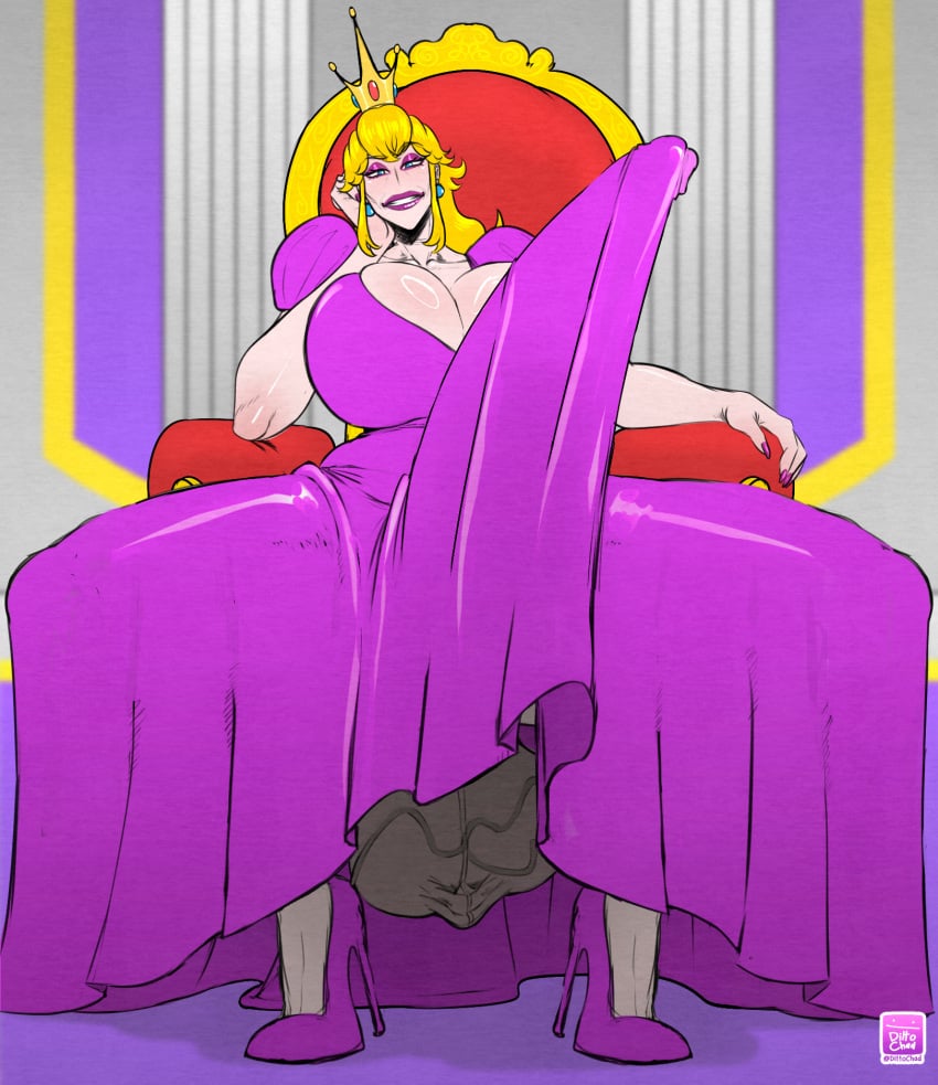 1futa aged_up blonde_hair boner breasts cleavage clothed clothing crown dark_penis dittochad dress english_text erection erection_under_clothes female flaccid full_body fully_clothed futa_only futanari hourglass_figure huge_balls huge_breasts huge_cock human hung_futa intersex light-skinned_futa light_skin mario_(series) massive_penis mature mature_futa milf princess_peach queen sitting sitting_on_chair sitting_on_throne smiling smiling_at_viewer solo tenting text throne veiny_balls wide_hips wrinkles