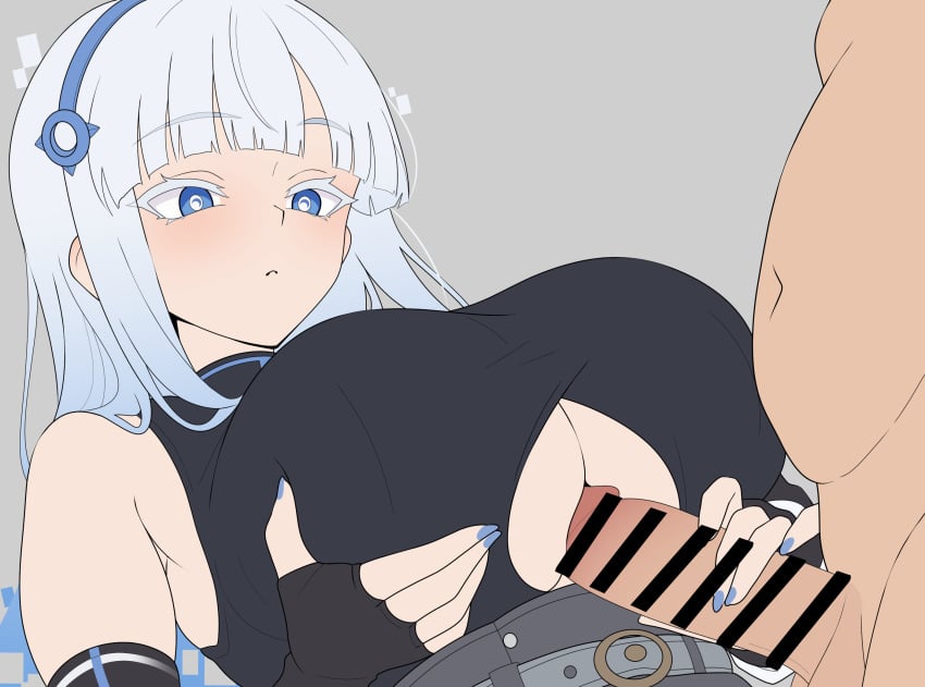 1boy 1girl bar_censor black_gloves black_shirt blue_eyes blue_hair blue_nails blush breasts censored closed_mouth clothing_cutout colored_nails elbow_gloves fairy_(zenless_zone_zero) fingerless_gloves gloves highres large_breasts long_hair long_nails open_mouth painted_nails paizuri paizuri_over_clothes pale_colors penis personification shirt takashia turtleneck turtleneck_shirt unfinished upper_body white_hair zenless_zone_zero