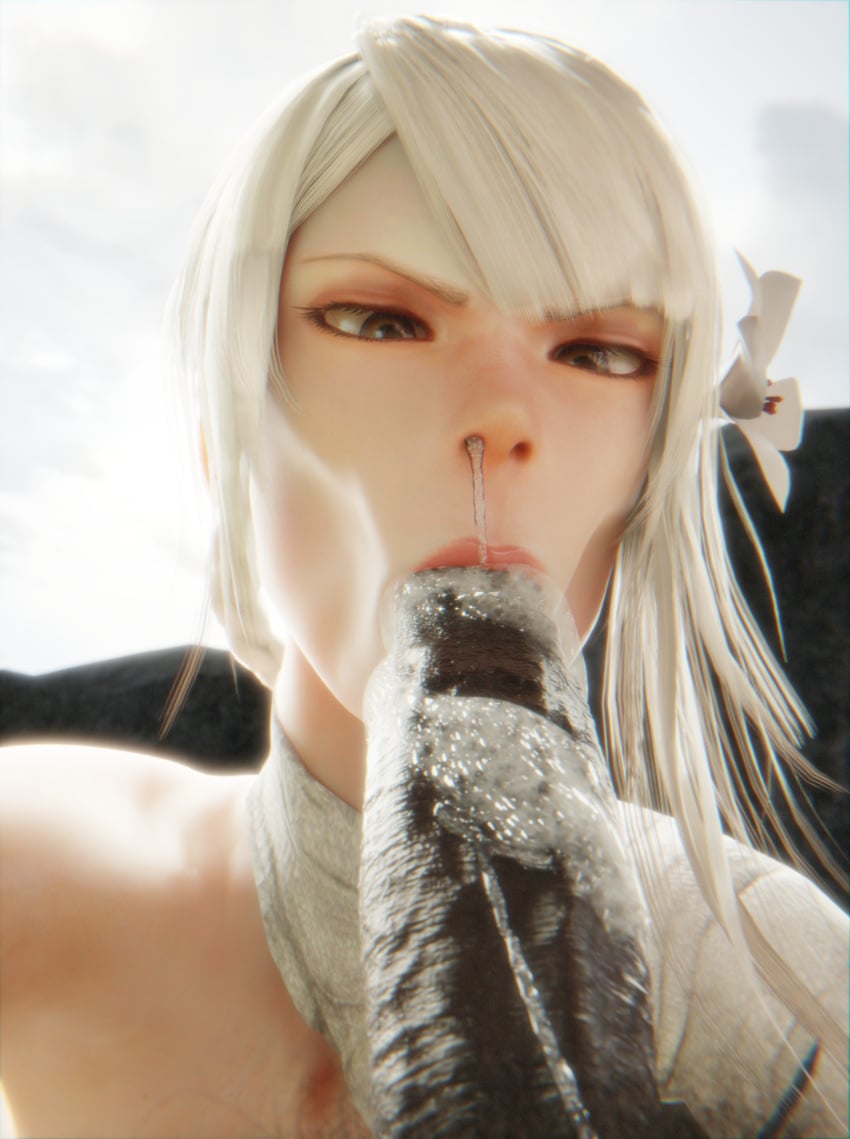 1boy 1futa 3d :>= bandage bangs big_penis blowjob blowjob_face brown_eyes bubble close-up completely_nude_male dark-skinned_male dark_skin fellatio flower flower_in_hair futanari intense_stare interracial kaine_(nier) large_penis light-skinned_female looking_at_penis looking_down male male_on_futa messy_blowjob naked nier nier_(series) nier_replicant nude nude_female oral pipesketcher3d saliva saliva_on_penis saliva_string sloppy sloppy_blowjob thick_penis thick_thighs veiny_penis white_hair