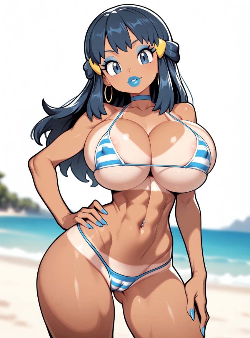 1girl ai_generated ass_visible_through_thighs beach big_lips bikini_tan bimbo blue_bikini blue_eyes blue_lipstick blurry_background cameltoe choker contrapposto covered_nipples cowboy_shot dawn_(pokemon) erect_nipples eyeshadow fake_breasts floating_hair hand_on_hip head_tilt hoop_earrings huge_breasts looking_at_viewer lowleg micro_bikini nail_polish navel_piercing parted_lips pokemon skindentation solo standing tan tanlines thin_waist toned_female wide_hips