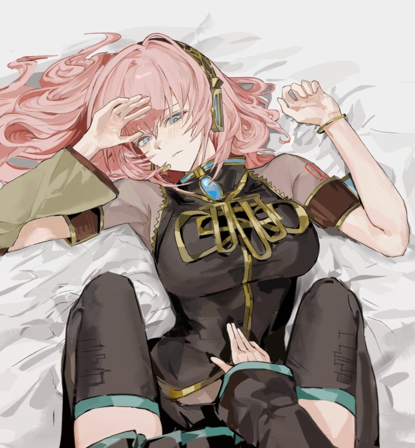 2girls black_shirt black_skirt black_thighhighs blue_eyes blush bracelet breasts commentary detached_sleeves female_focus female_pov hatsune_miku headphones highres jewelry large_breasts long_hair looking_at_viewer lying megurine_luka multiple_females multiple_girls pink_hair pleated_skirt pov shirt sitting_on_person skirt straddling thighhighs touching untranslatable_commentary vocaloid yuri