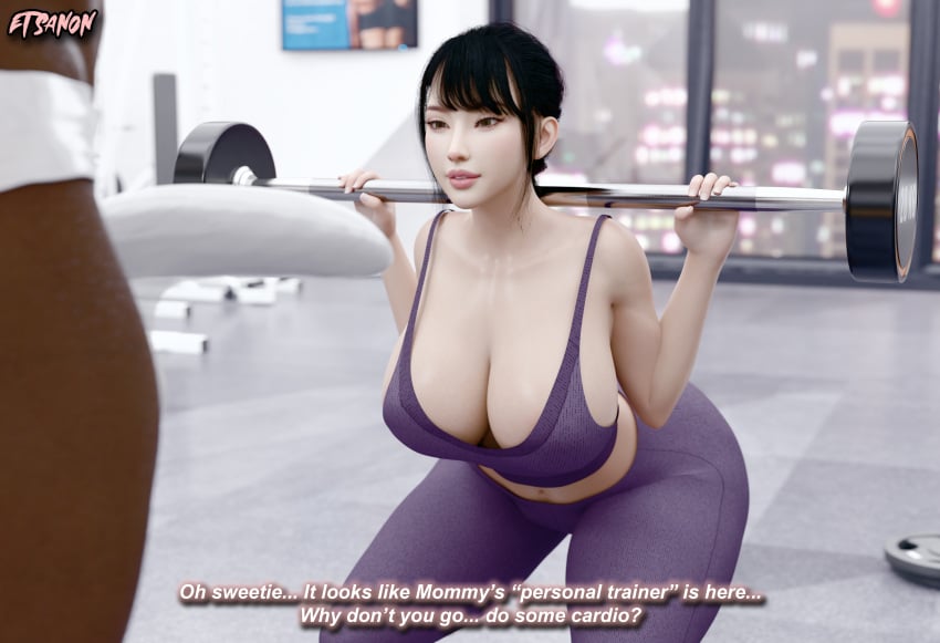 1boy 1boy1girl 1girls 2026 3d 3d_(artwork) 3d_render asian asian_female bangs black_hair brown_eyes bulge bulge_through_clothing clothed clothed_female clothed_male dark-skinned_male dark_skin dialogue erection erection_under_clothes etsa etsanon exercise gym huge_ass huge_breasts huge_bulge huge_hips indoors interracial light-skinned_female light_skin looking_at_penis milf netorare ntr oc skimpy skimpy_clothes sports_bra squatting text thick_thighs watermark weightlifting weights wide_hips