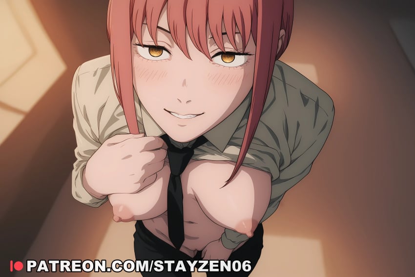 1girl ai ai_art ai_generated black_necktie black_pants blush breasts chainsaw_man clothes_lift clothes_pull collared_shirt female_pubic_hair from_above grin indoors lifted_by_self long_sleeves looking_at_viewer makima_(chainsaw_man) medium_breasts navel necktie nipples no_bra no_panties pants pants_pull parted_lips pubic_hair pulled_by_self pussy red_hair ringed_eyes seductive_smile shirt shirt_lift sidelocks smile solo white_shirt yellow_eyes