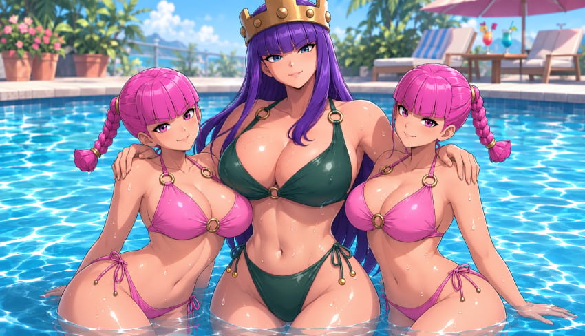 2d 2d_(artwork) 3girls ai_generated anime anime_style archer_queen_(clash_of_clans) archer_queen_(clash_royale) ass bikini blue_eyes braid braided_hair braided_ponytail breasts breasts_bigger_than_head clash_(series) clash_royale crown evolution_archer_(clash_royale) female female_focus female_only girls_only green_bikini high_resolution highres large_breasts looking_at_viewer matching_hair/eyes matching_outfit mother mother_and_daughter petite petite_body petite_female pink_bikini pink_eyes pink_hair purple_hair revealing revealing_clothes supercell swimming swimming_pool tall_female taller_female trio trio_female trio_focus twins