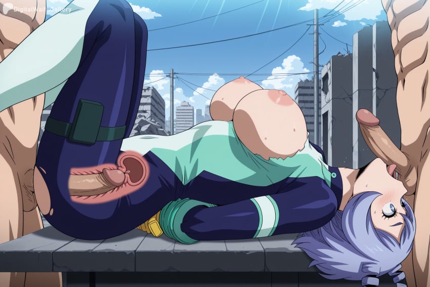 1girl 2boys ai_generated arms_behind_back blue_eyes blue_hair blue_sky blush bodysuit bound breasts breasts_out building clothed_female_nude_male cloud day digitalwaifugallery double_penetration drill_hair erection fellatio green_bodysuit group_sex hetero hi_res high_quality high_resolution large_breasts licking_penis light_blue_hair lying missionary mmf_threesome multiple_boys my_hero_academia nejire_hado nipples nude on_back open_mouth oral outdoors patreon penis rape seductive sex sexy short_hair sky solo_focus sweat testicles threesome tongue tongue_out torn_bodysuit torn_clothes twin_drills uncensored vaginal watermark x-ray