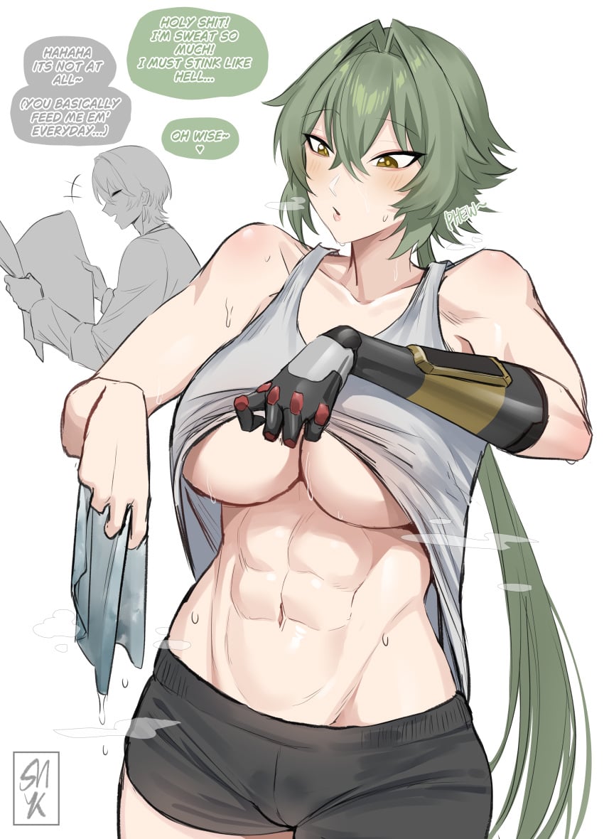 1boy 1girls almost_naked big_breasts blush caesar_king colored couple dialogue drawing english_text fat_ass fit gray_hair green_hair heat mihoyo muscular muscular_female prosthetic_arm removing_clothing removing_shirt romantic romantic_couple straight sunoyukey sweat text thick_thighs tomboy visible_pussy wise_(zenless_zone_zero) zenless_zone_zero