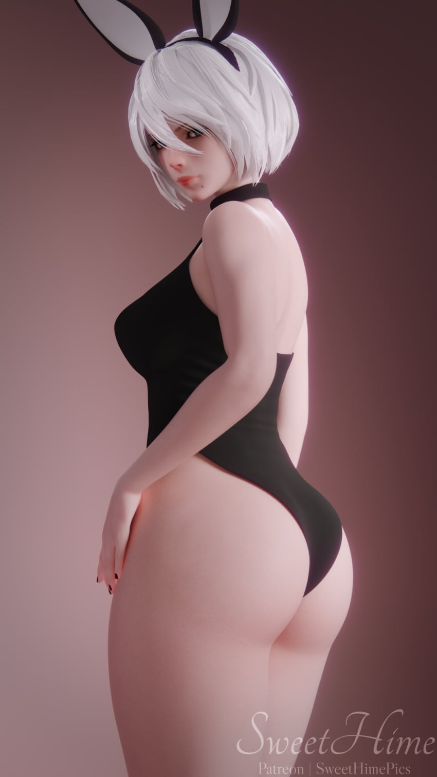 1girls 2b_(nier:automata) 3d back_view big_ass big_thighs blue_eyes bob_cut bunny_ears bunnysuit female female_only looking_at_viewer medium_breasts nier:_automata pink_background simple_background solo sweethime white_hair yorha_2b