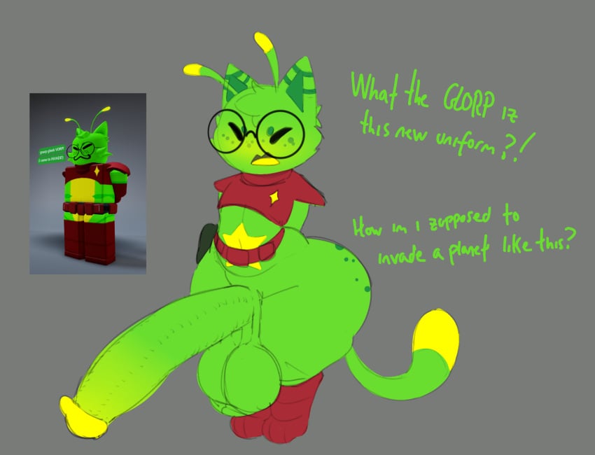 1boy alien anthro axoarts barely_clothed big_penis bottomless femboy frustrated glasses gnarpy_(regretevator) hung large_ass large_penis outfit_change reference_image regretevator roblox roblox_avatar roblox_game robloxian source_request tagme