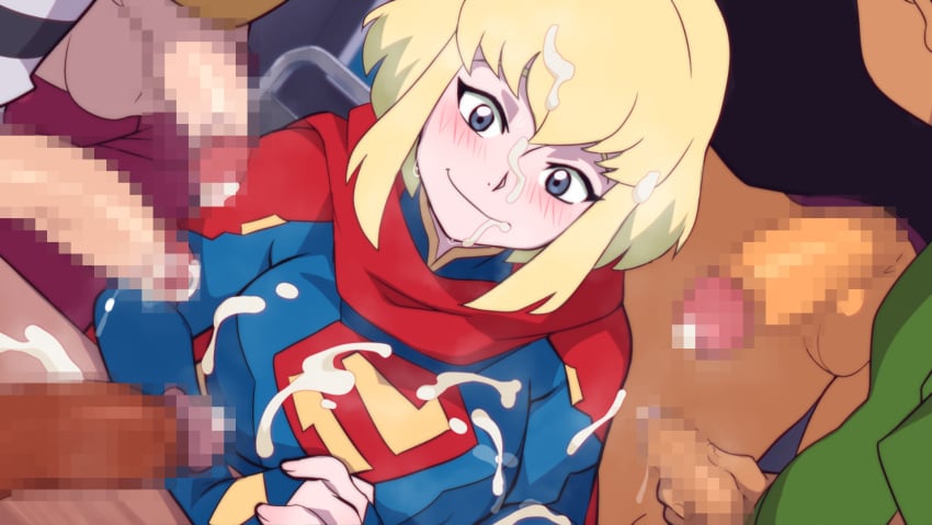 1girl 5boys blonde_hair blue_eyes blush breasts bukkake cape censored closed_mouth commentary cum cum_on_body dc_comics english_commentary facial gangbang group_sex happy hetero highres jcm2 looking_at_viewer medium_breasts mosaic_censoring multiple_boys my_adventures_with_superman penis red_cape smile supergirl supergirl_(my_adventures_with_superman) superhero_costume superman_(series) surrounded_by_penises