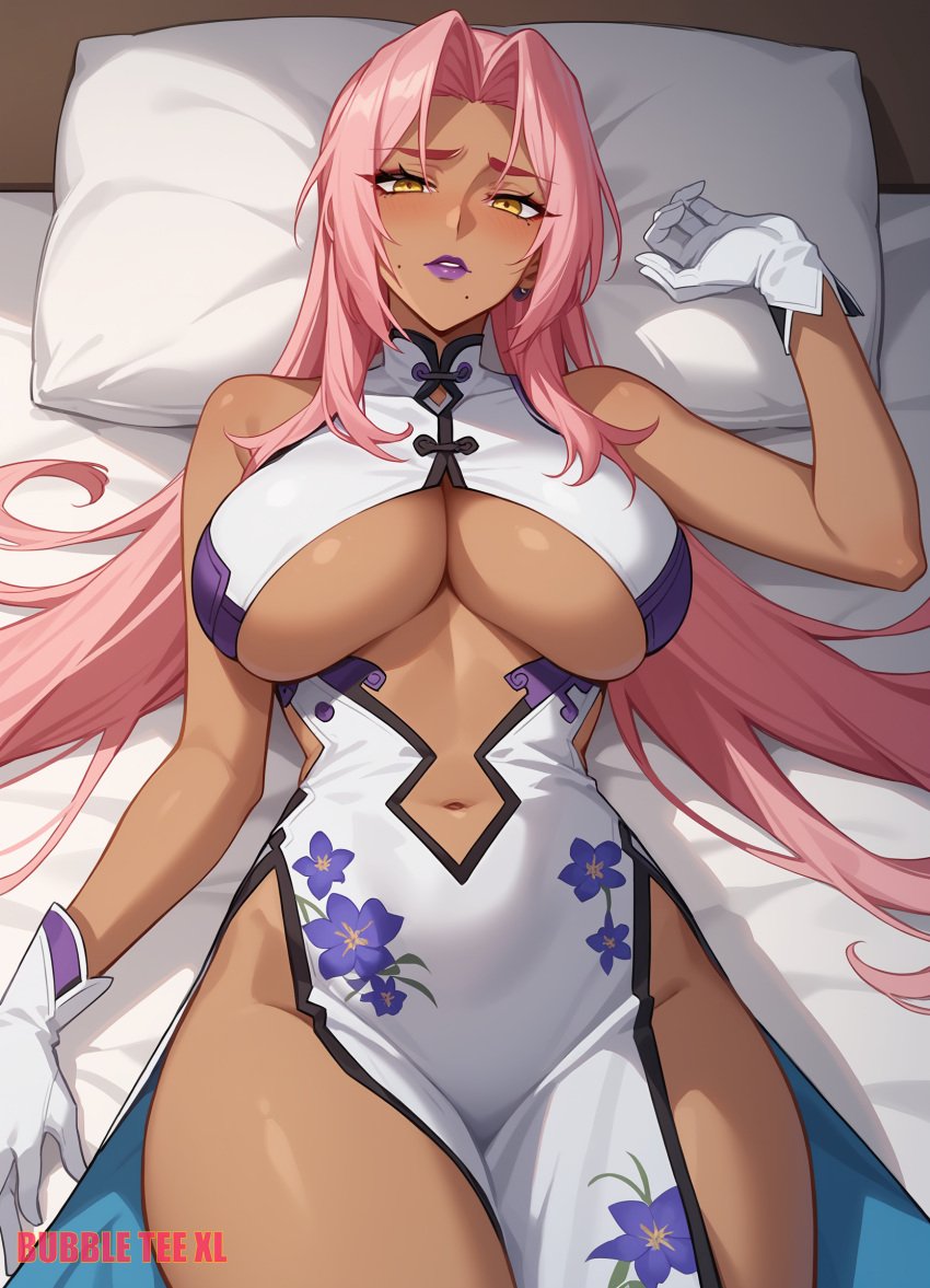 1female 1girls ai_generated bed bedroom big_breasts breasts bubbleteexl chinese_clothes commentary_request dark-skinned_female dark_skin english_commentary female female_only hd hi_res highres indoors ingrid_(taimanin_asagi) laying laying_on_back laying_on_bed looking_at_viewer milf mixed-language_commentary mommy taimanin_(series) taimanin_asagi thick_thighs thighs very_high_resolution