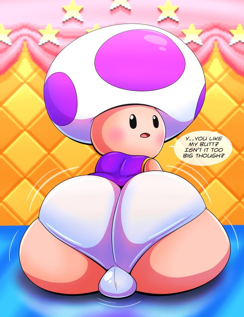 ass big_ass bulge detailed_bulge dialogue looking_at_viewer looking_back male male_focus male_only mario_(series) mushroom_humanoid nintendo panties presenting_ass purple_clothing sitting solo tepigfan101 thick_ass toad_(mario) underwear