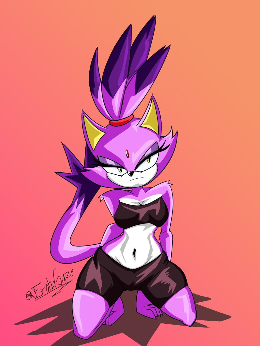 anthro athletic_anthro blaze_the_cat cat_ears cat_humanoid cat_tail eroticgaze female_focus female_only gym_clothes gym_shorts purple_body purple_hair sonic_(series) sonic_the_hedgehog_(comics) sonic_the_hedgehog_(series)