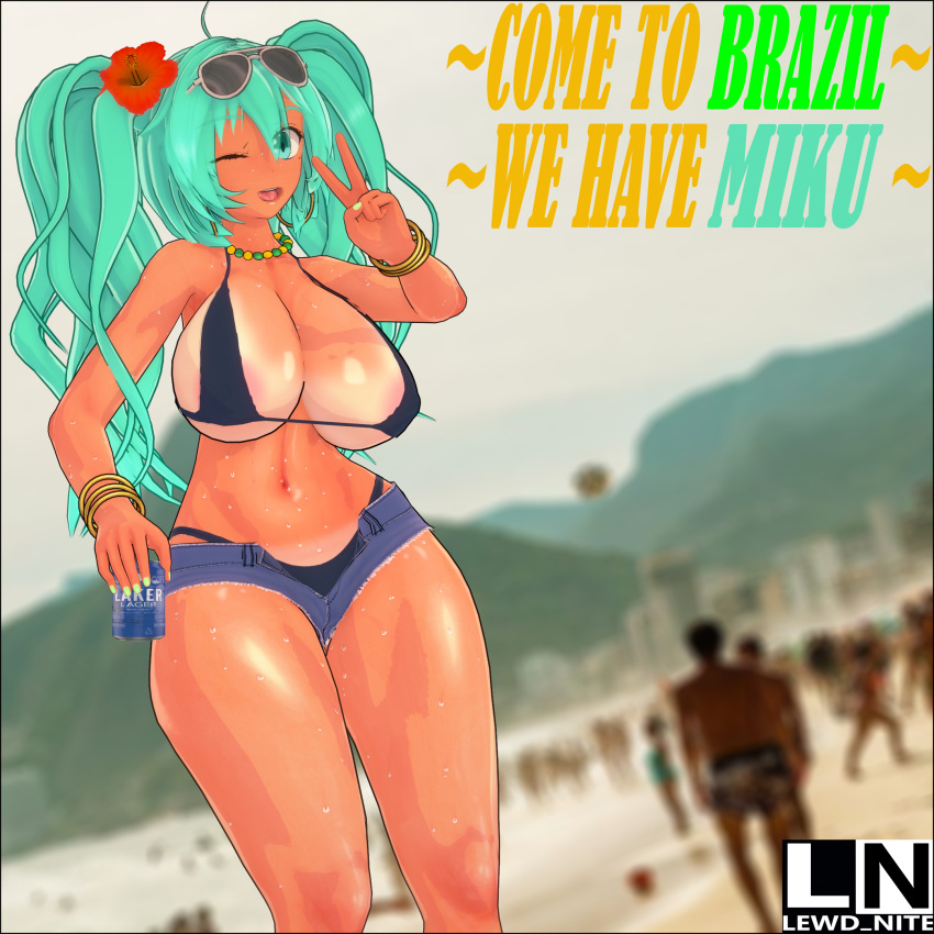 beach beer_can blurry_background brazil brazilian brazilian_female brazilian_miku hatsune_miku latin_american_hatsune_miku_(meme) lewd_nite peace_sign smiling tagme teal_hair vocaloid wink