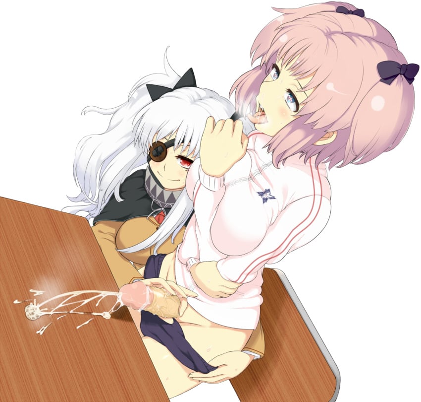 2girls ahe_gao bloomers blue_eyes bow breasts buruma buruma_pull cum dutch_angle ejaculation eye_patch futanari hairbow handjob hibari_(senran_kagura) intersex ko-yan large_breasts long_hair multiple_girls payot penis pink_hair red_eyes saliva senran_kagura short_hair tied_hair tongue twintails white_hair yagyuu_(senran_kagura)