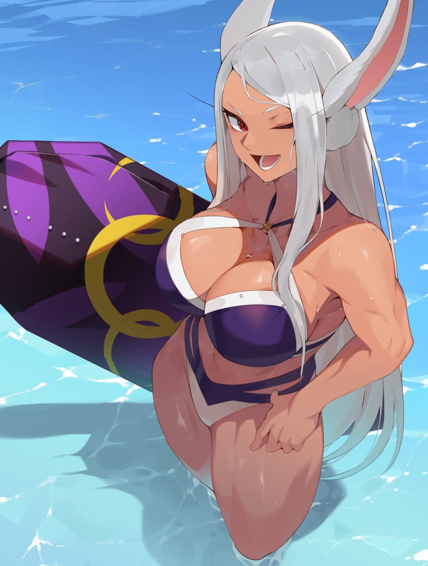 1girls ;d absurdres animal_ears bikini boku_no_hero_academia breasts cleavage collarbone commission dark-skinned_female dark_skin female hand_on_own_hip highres holding holding_surfboard ko_koyap large_breasts long_eyelashes long_hair looking_at_viewer lower_teeth_only miruko my_hero_academia navel one_eye_closed outdoors parted_bangs purple_bikini rabbit_ears rabbit_girl red_eyes rumi_usagiyama smile solo surfboard swimsuit teeth thick_thighs thighs toned_female two-tone_bikini very_long_hair wading water wet white_bikini