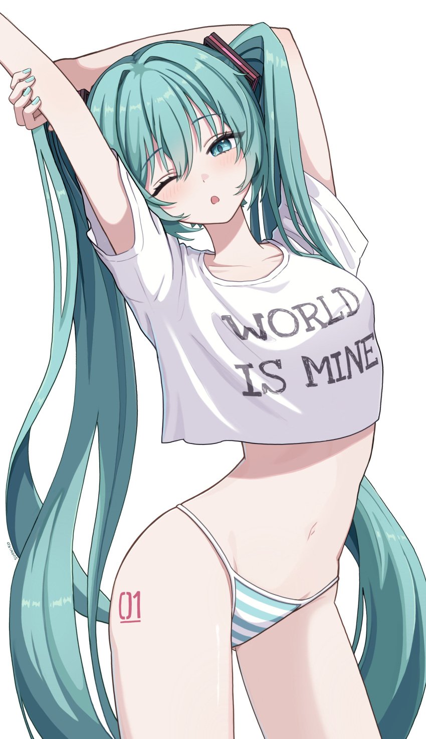 belly_button blue_eyes blue_hair blush green_eyes hatsune_miku long_hair looking_at_viewer one_eye_closed panties shirt_only slim_waist small_breasts striped_clothing striped_panties stripes suonikoart teenager thighs tied_hair top vocaloid