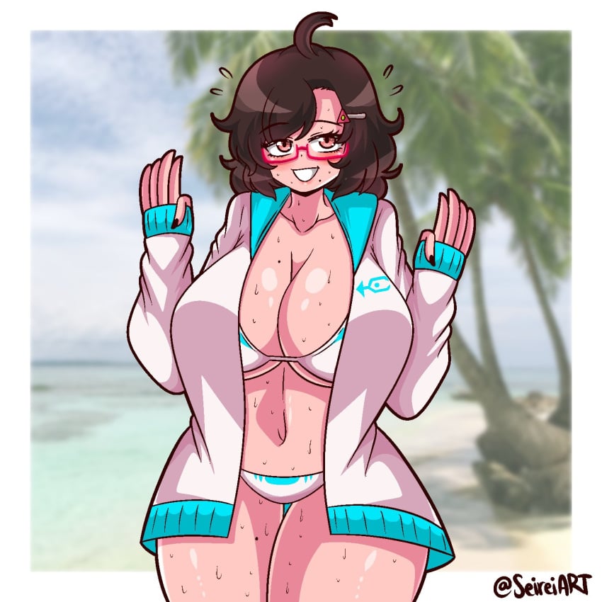 1girls ahoge artist_name big_breasts bikini border breasts brown_hair glasses jacket light-skinned_female oc open_jacket original original_character red_eyes saki_(seireiart) seireiart solo solo_female sweat sweaty_body thick_thighs thighs watermark