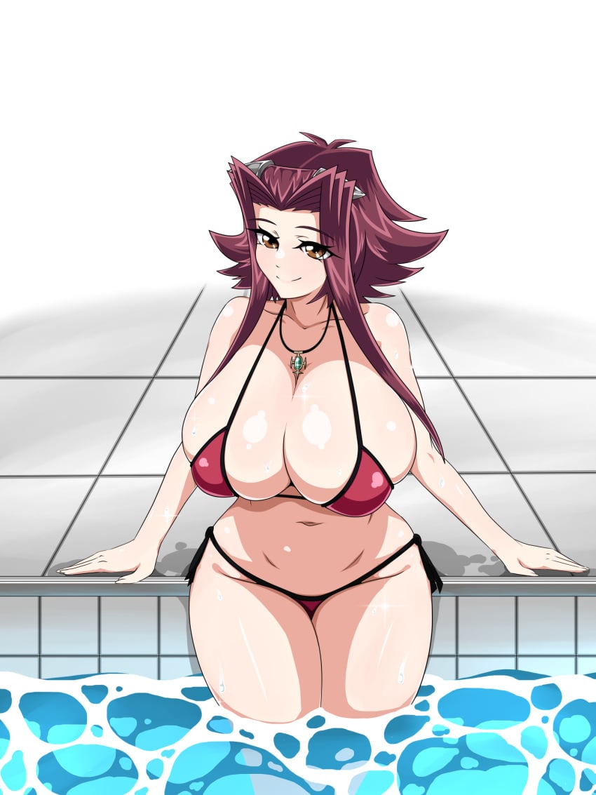 1girls 2022 akiza_izinski big_breasts bikini brown_eyes female female_only hi_res huge_breasts izayoi_aki led_(190491) legs_in_water looking_at_viewer necklace partially_submerged poolside red_hair smiling smiling_at_viewer solo thick_thighs yu-gi-oh! yu-gi-oh!_5d's