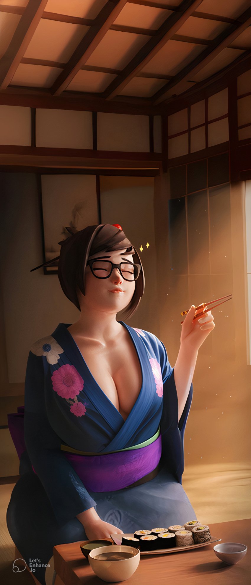 1girls 3d 3d_(artwork) asian asian_female big_breasts chopsticks closed_eyes clothed clothed_female clothing female female_only fugtrup fully_clothed glasses huge_breasts indoors japanese_clothes kimono mei_(overwatch) overwatch overweight solo solo_female sushi