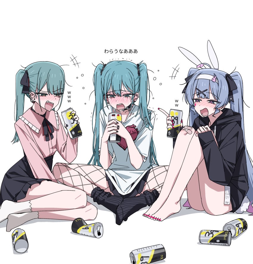 3girls annoyed annoyed_expression barefoot blush bunny_ears caststation feet fishnets green_eyes green_hair hatsune_miku rabbit_hole_(deco*27/caststation) rabbit_hole_(vocaloid) sad_girl_sex_(vocaloid) sitting sitting_down sitting_on_floor skirt slim_waist socks teenager tied_hair translated vampire_(vocaloid) vocaloid