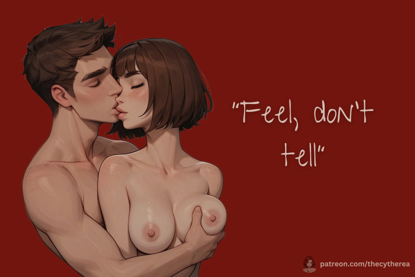 ai_generated bangs brown_hair college_student cuddling cute_face cute_girl female fit_female fit_male freckles grabbing_another's_breast grabbing_breasts holding_close kissing male natural_breasts passionate romantic romantic_ambiance romantic_couple wholesome