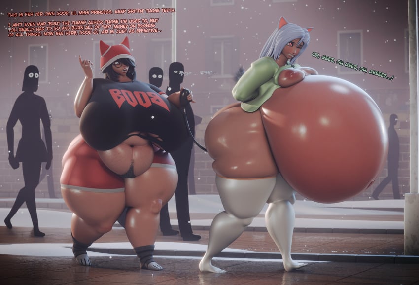 2girls 3d about_to_burst air_inflation annoyed bbw belly_inflation bonkshonk bottom_heavy cassia_(bonkshonk) cat_ears cathrine_(bonkshonk) cghonk embarrassed exposed_breasts fat huge_ass huge_belly huge_breasts huge_nipples overweight public_humiliation ready_to_pop shorts snow stretch_marks thighhighs treasure_trail