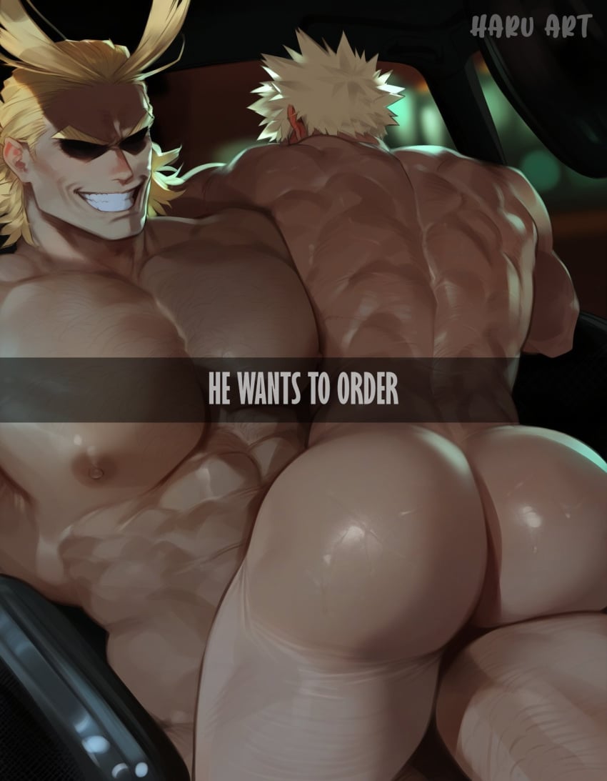 abs ai_generated all_might ass big_ass big_pecs blonde_hair boku_no_hero_academia bubble_ass bubble_butt gay haruartx he_wants_to_order katsuki_bakugou male male_focus male_only muscular_male my_hero_academia pecs smile yaoi