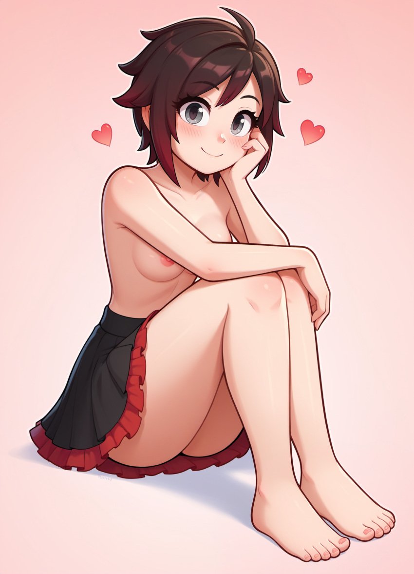 1girls ai_generated barefoot female female_only grey_eyes hand_on_cheek heart human medium_breasts nipples redbreadalt ruby_rose rwby sitting skirt smile solo topless two_tone_hair