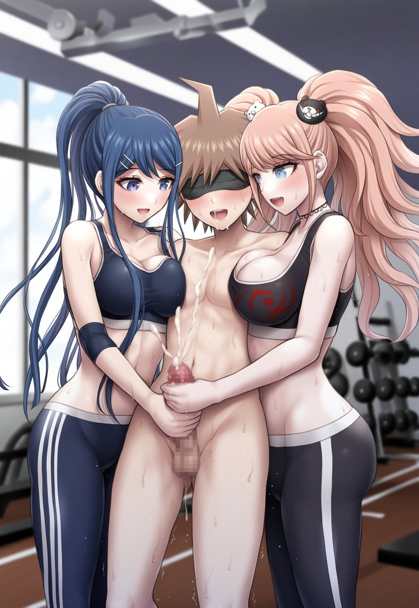 1boy 2girls :d ai_generated arms_behind_back bare_shoulders big_breasts blindfold clothed_female_nude_male cum danganronpa danganronpa:_trigger_happy_havoc double_handjob ecstasy femdom gym handjob highres junko_enoshima maizono_sayaka midriff naegi_makoto nai_diffusion raised_hips restrained saliva sandwiched smile sports_bra stable_diffusion standing sweat threesome trembling yoga_pants